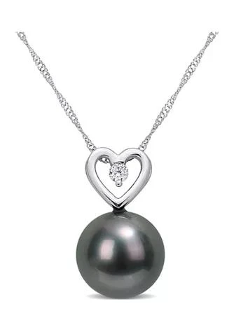 Belk & Co. Co. 9.5 10Mm Black Tahitian Cultured Pearl And Diamond Accent Heart Drop Pendant With Chain In 10K White Gold 1