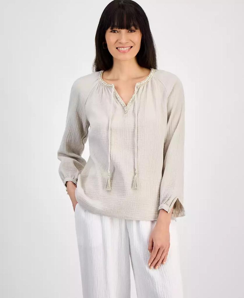 JM Collection Petite Cotton Embellished-Split-Neck Top, Exclusively at Macy's
