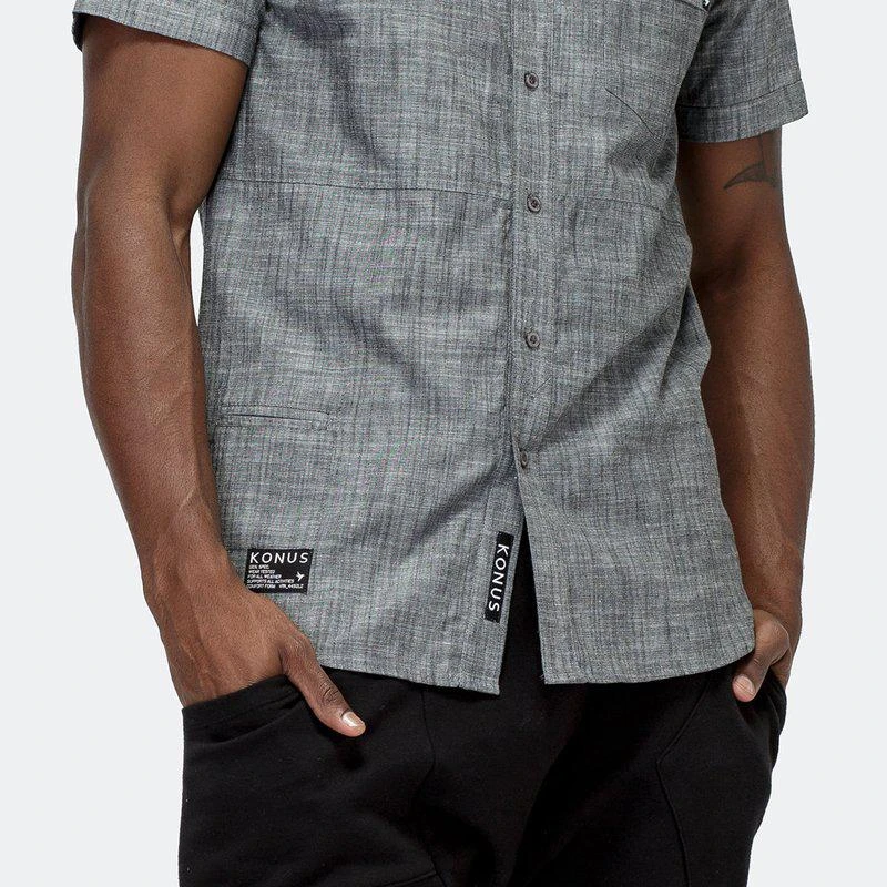 Konus Men's Short Sleeve Mandarin Collar Shirt In Charcoal 2