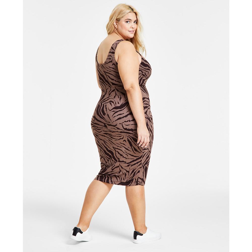 Bar III Plus Size Zebra-Print Bodycon Midi Dress, Created for Macy's