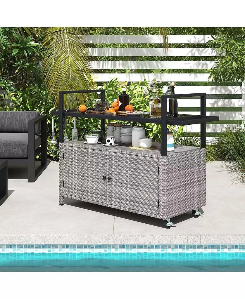SUGIFT Outdoor Bar Cart Wicker Buffet Serving Cart with Cabinet and 8 Hooks 7