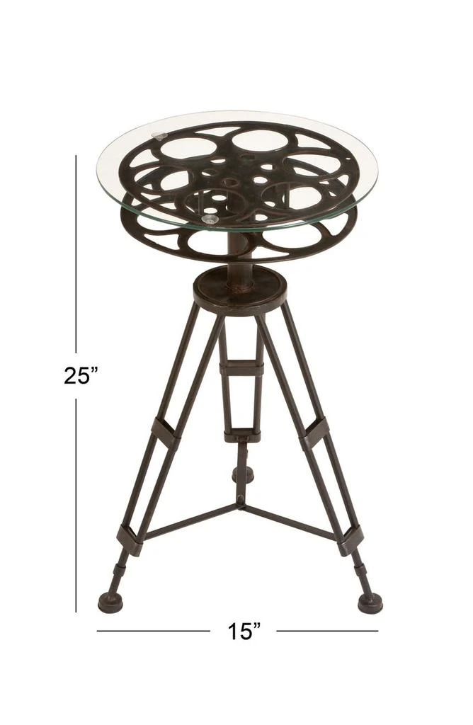 SONOMA SAGE HOME Black Metal Film Reel Accent Table with Tripod Legs and Glass Top 3