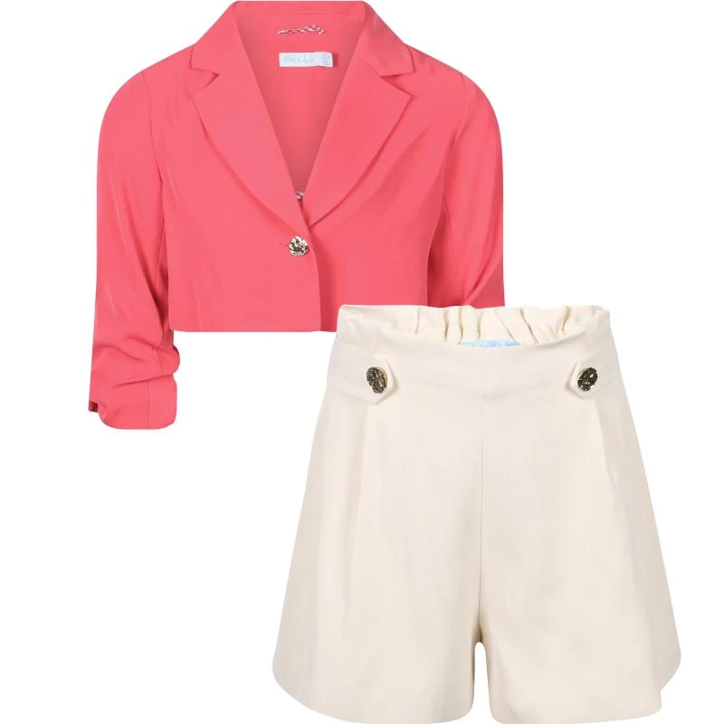 Abel & Lula Short elegant crepe jacket and bermuda shorts set in fuchsia and beige 1