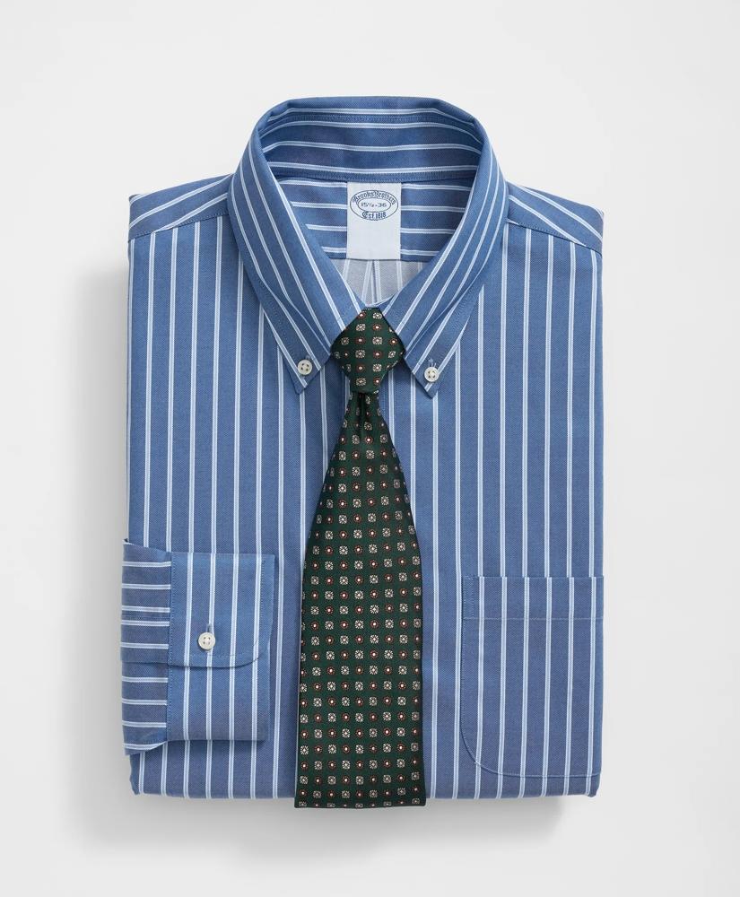 Brooks Brothers Stretch Supima® Cotton Non-Iron Twill Polo Button Down Collar, Ground Stripe Dress Shirt