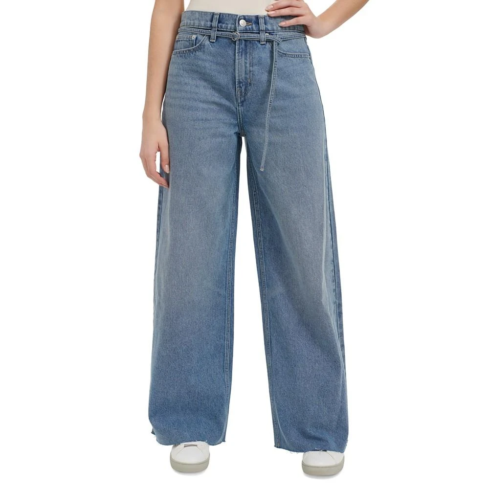 Calvin Klein Jeans Women's Cut-Hem High-Rise Wide-Leg Belted Cotton Denim Jeans 1