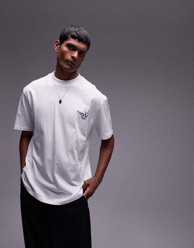 Topman Topman premium oversized t-shirt with swallow front and back embroidery in white