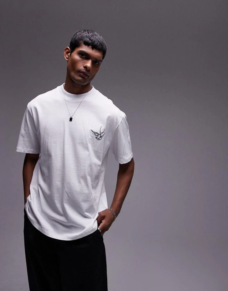 Topman Topman premium oversized fit t-shirt with swallow front and back embroidery in white 1