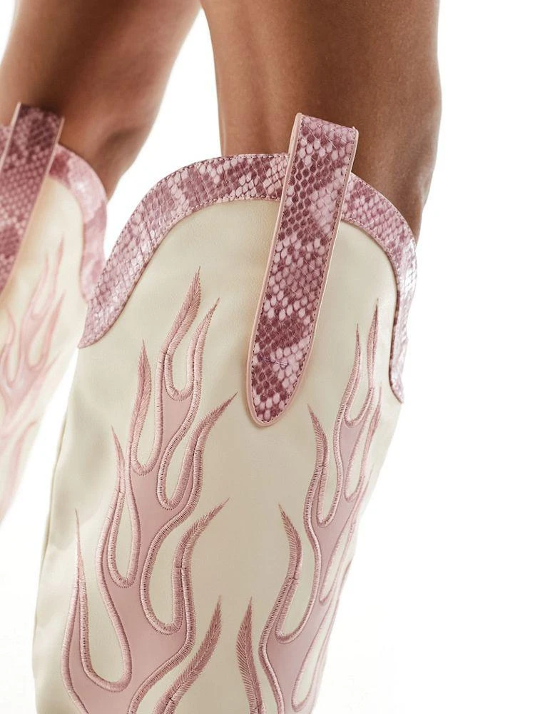 Public Desire Public Desire Jacksonville heeled knee boot with snake print in ecru and pink 2