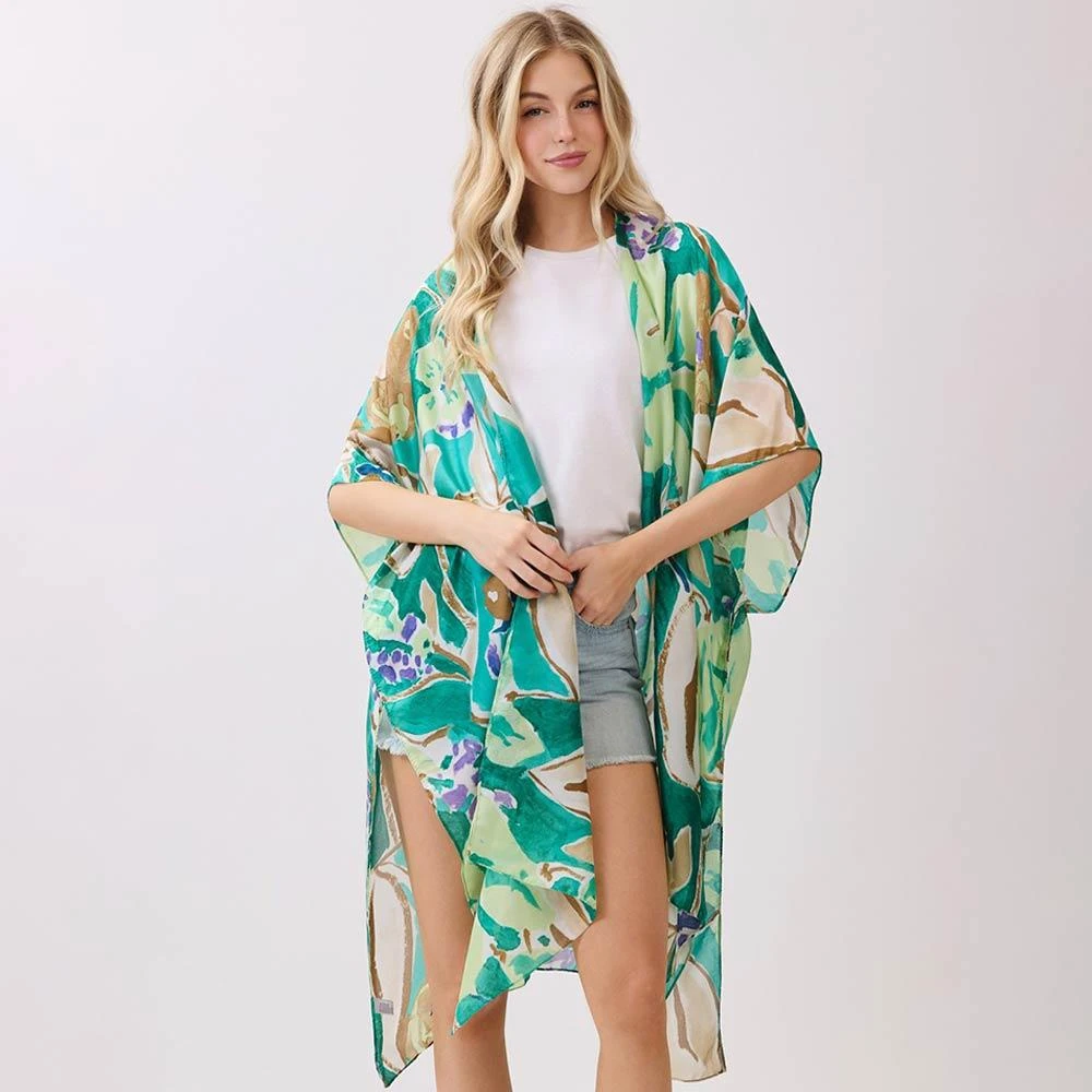 TRUEDAMES Vibrant Botanical Floral Print Silky Feel Kimono Poncho 4