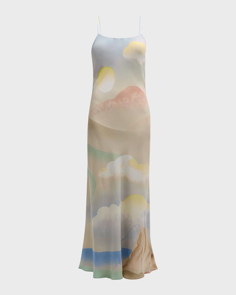 OLIVIA VON HALLE Olympia Landscape-Print Silk Slip Dress