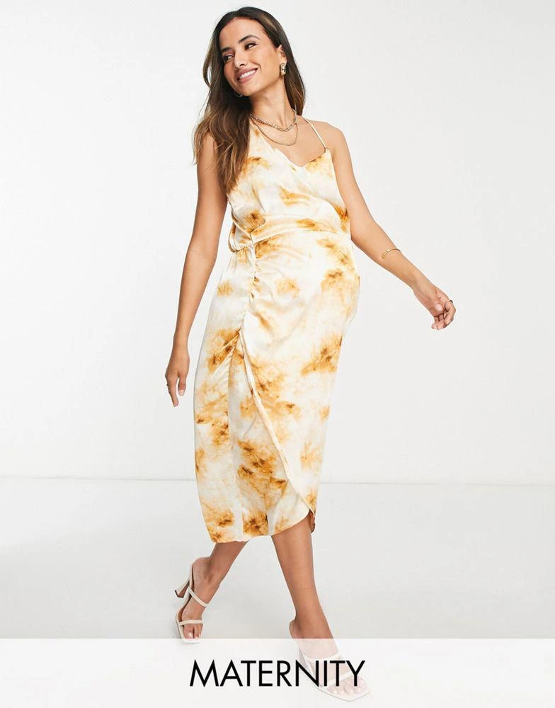 Missguided Maternity Missguided Maternity asymmetric satin midi dress in cream tie dye 1
