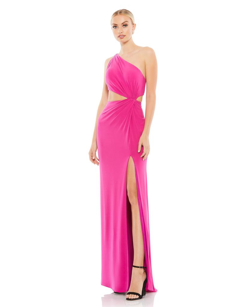 Ieena for Mac Duggal One Shoulder Ruched Cut Out Jersey Gown