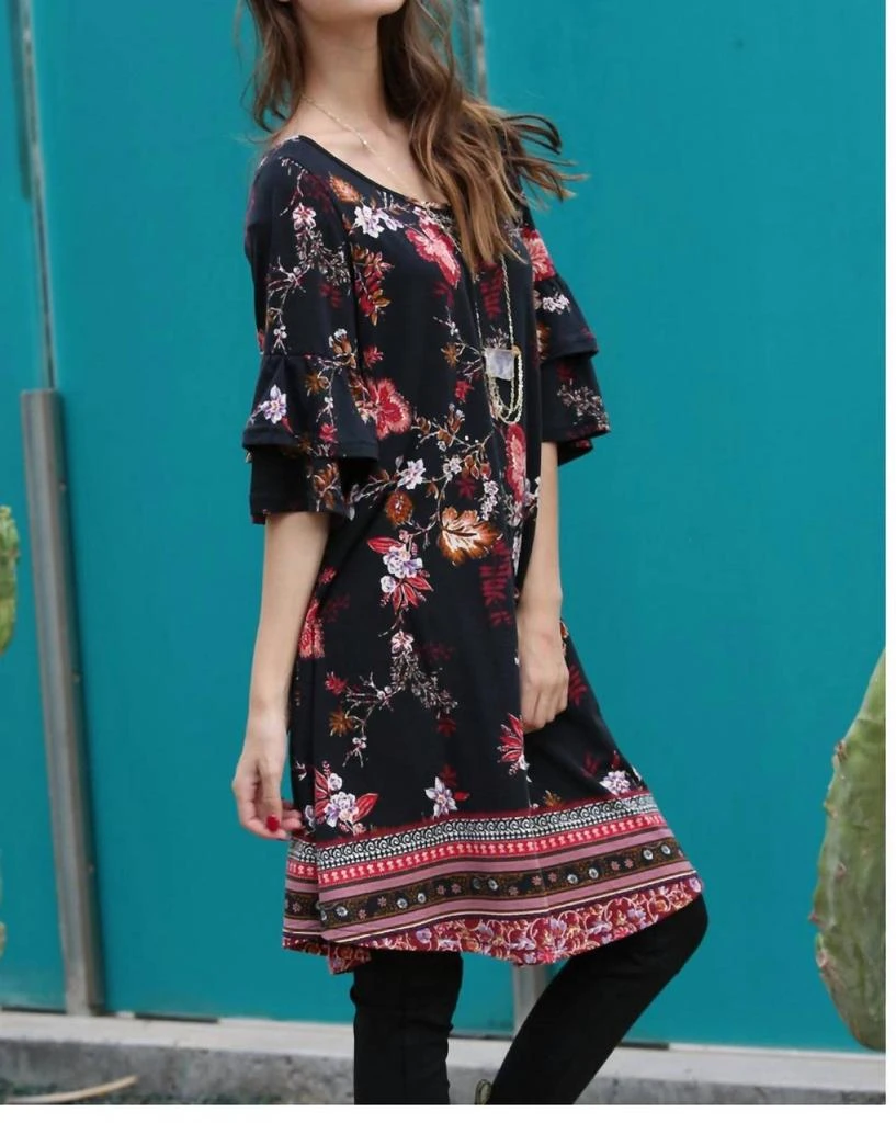 Angie Floral Double Ruffle Sleeve Dress In Black 2