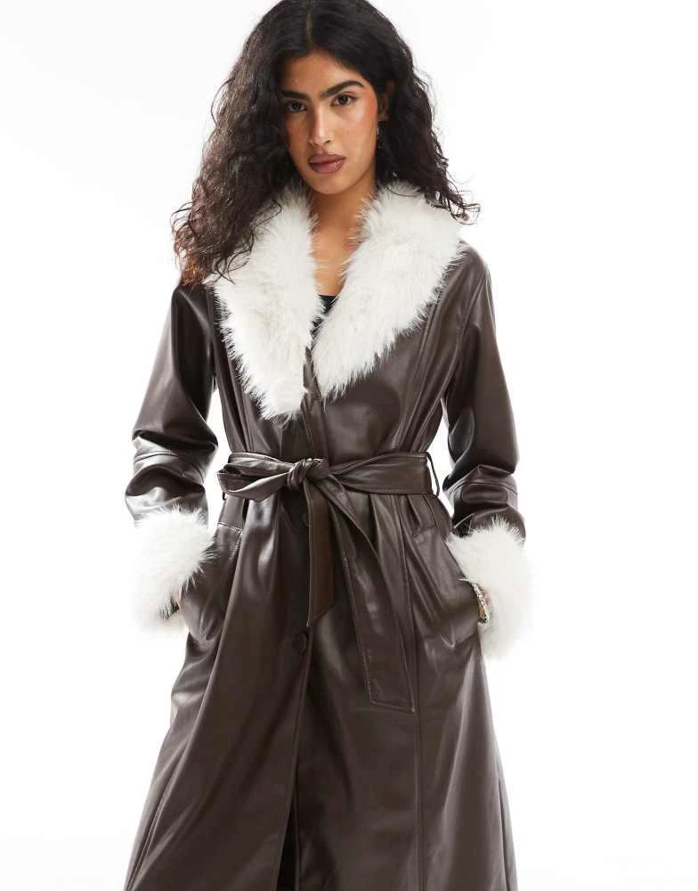 ASOS ASOS DESIGN faux fur collar and cuff longline leather look coat in chocolate 2