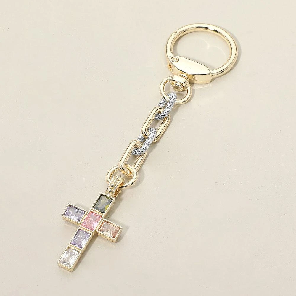 FASHNZFAB 14K Gold Plated Colorful CZ Stone Cross Charm Drop Keychain Bag Charm