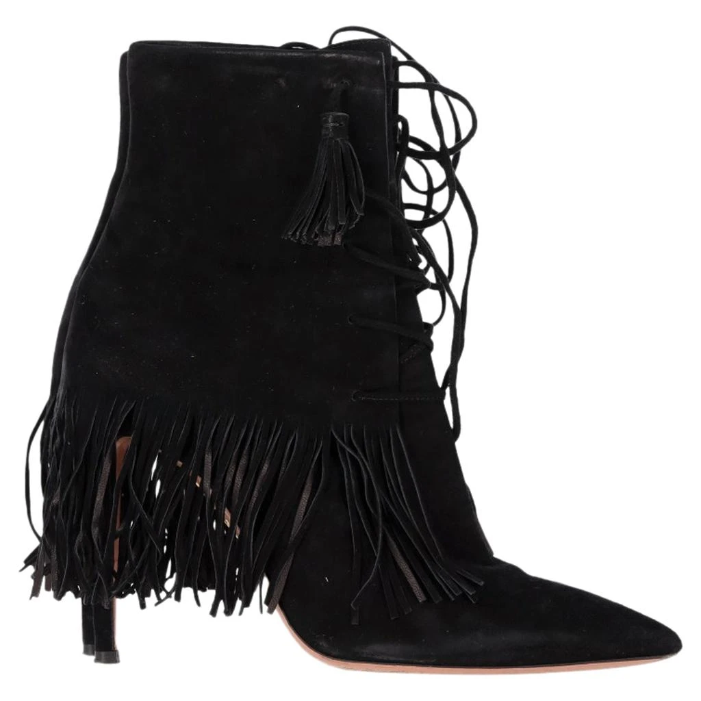 Aquazzura Mustang 105 Fringe Heeled Ankle Boots in Black Suede 1