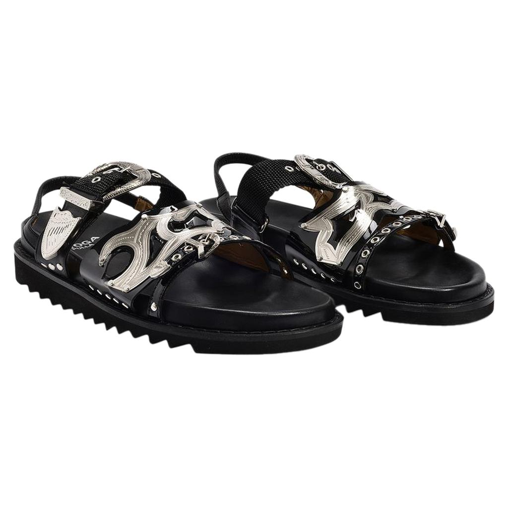 VALSTAR Flat Sandals in Black Leather with Metallic Straps