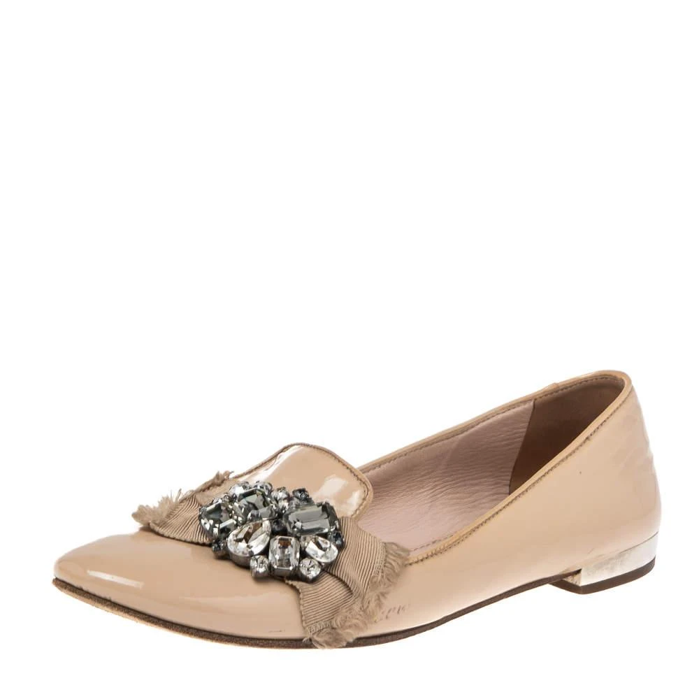 Miu Miu Miu Miu Nude Patent Leather Crystals Bow Ballet Flats Size 37 1