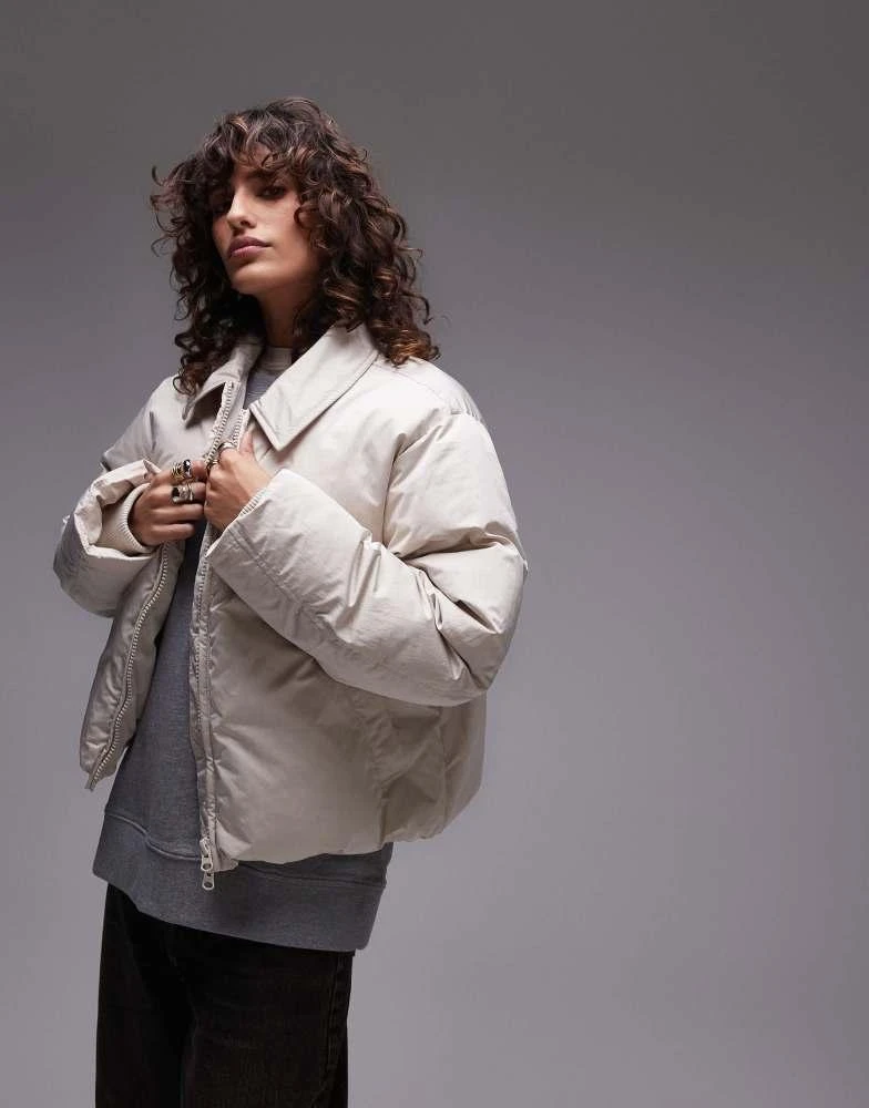 Topshop Topshop collar cropped puffer jacket in stone 1
