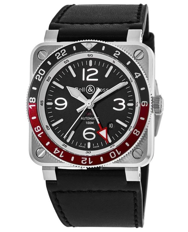 Bell & Ross Bell & Ross BR 03-93 GMT Black Dial Leather Strap Men's Watch BR0393-BL-ST/SCA 1