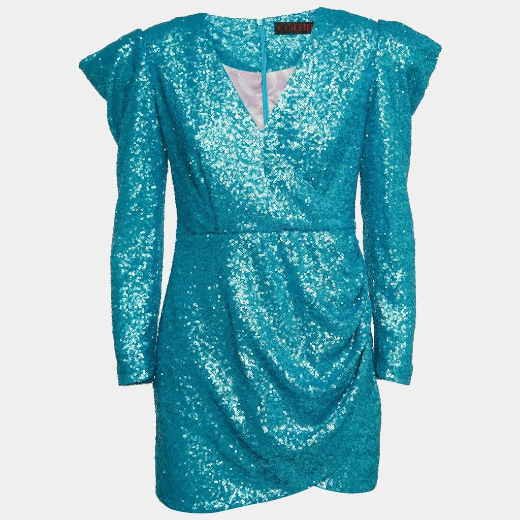 Collini Collini Blue Sequin Draped Long Sleeve Mini Dress S 1