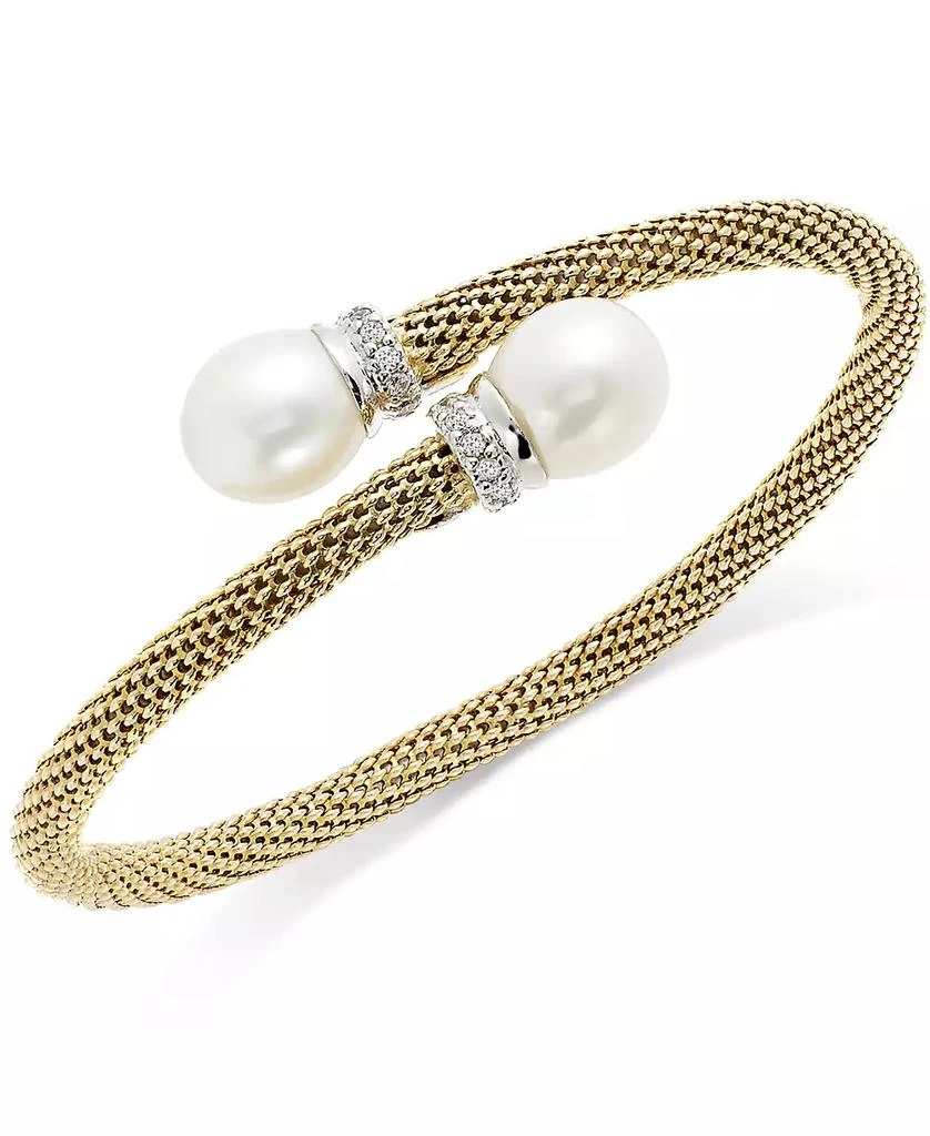 Macy
s Cultured Freshwater Pearl and Cubic Zirconia Mesh Cuff Bracelet in 14k Gold over Sterling Silver (10mm)