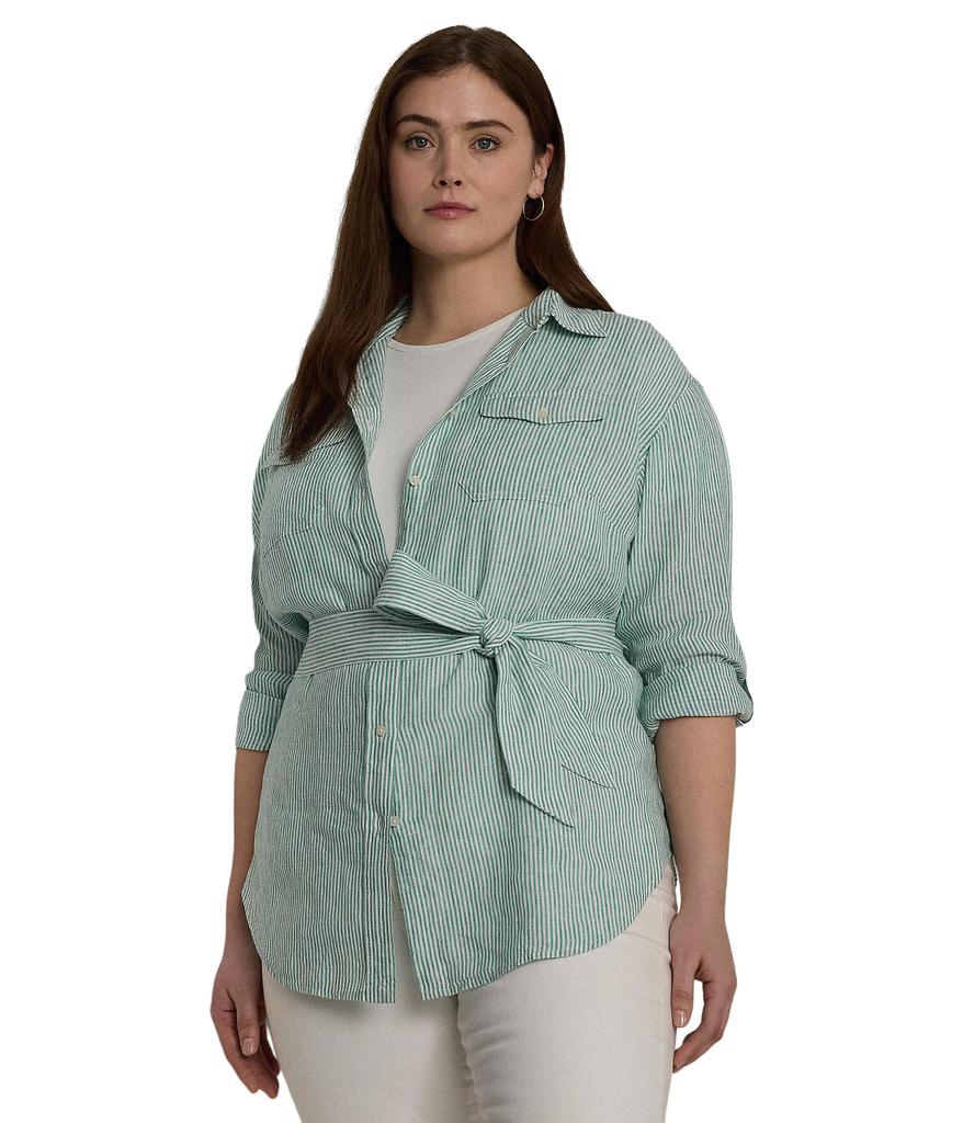 LAUREN Ralph Lauren Plus-Size Relaxed Fit Striped Belted Linen Shirt
