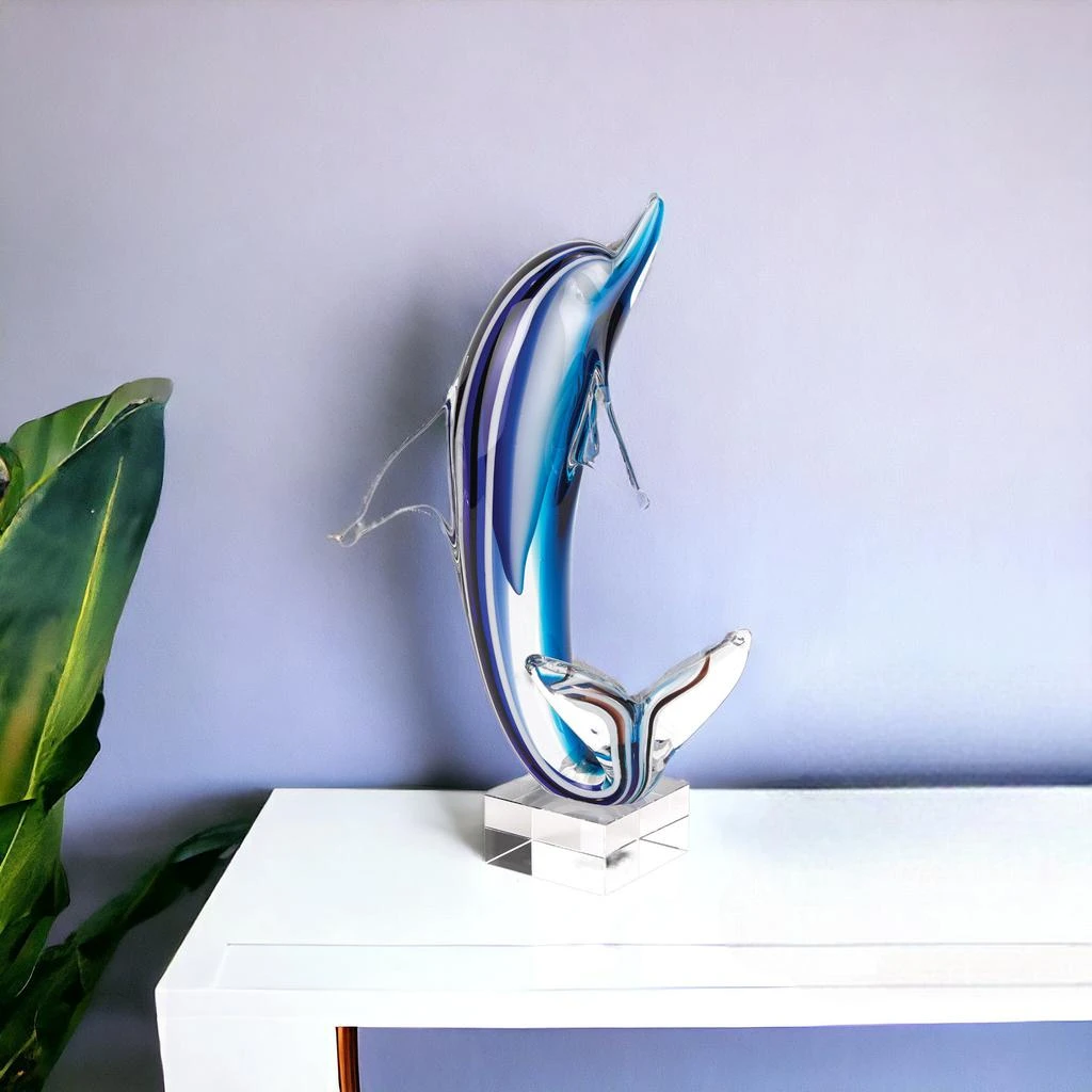 Homezia 14" Blue Murano Glass Dolphin Figurine Tabletop Sculpture 2