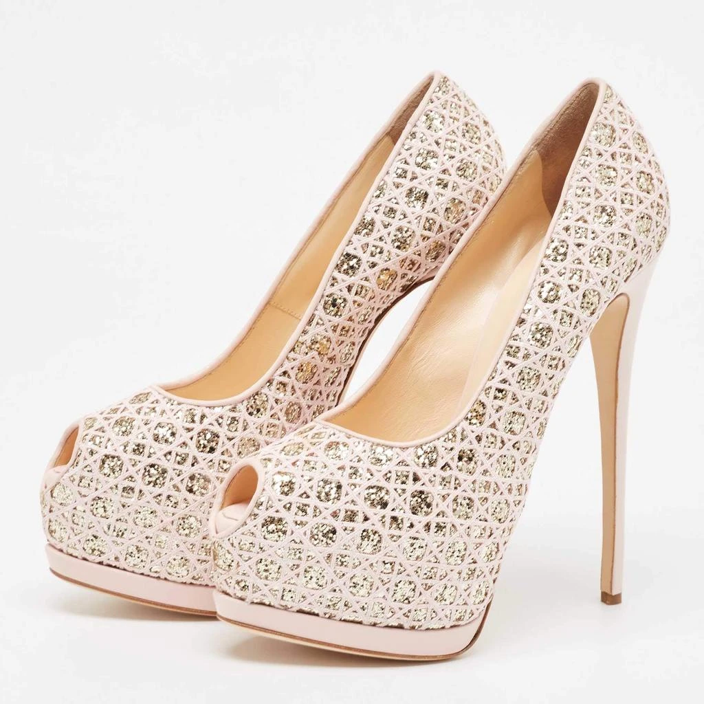 Giuseppe Zanotti Giuseppe Zanotti Pink Glitter Lace and Leather Sharon Platform Peep Toe Pumps Size 41 2
