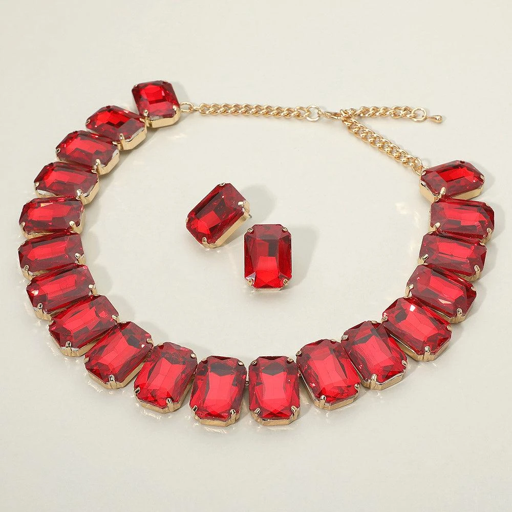 FASHNZFAB Emerald Cut Stone Collar Evening Necklace