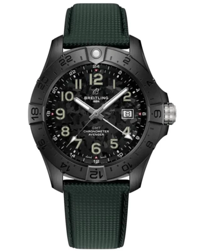 BREITLING Breitling Avenger Automatic GMT 44 Night Mission Black Dial Ceramic Green Leather Strap Men&apos;s Watch S32320101B1X1 1