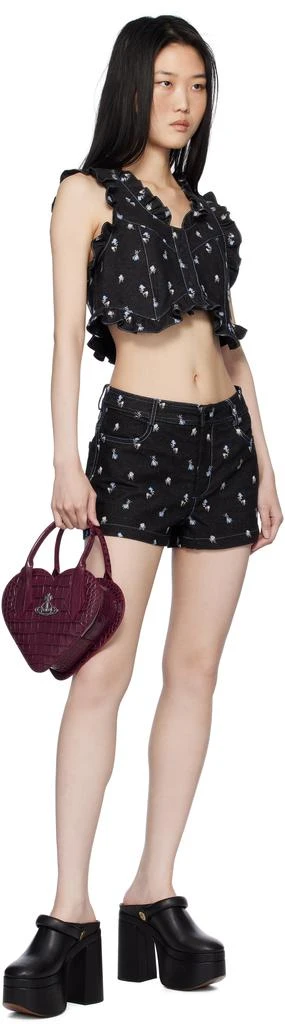 Anna Sui Black Embroidered Roses Denim Shorts 4
