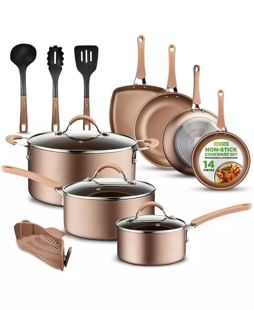 NutriChef Nonstick PFOA/PFOS-Free 14-Piece Stainless Steel Cookware Set with Saucepan, Frying Pans, Dutch Oven, Lids 
Utensils – Model NCCW14S