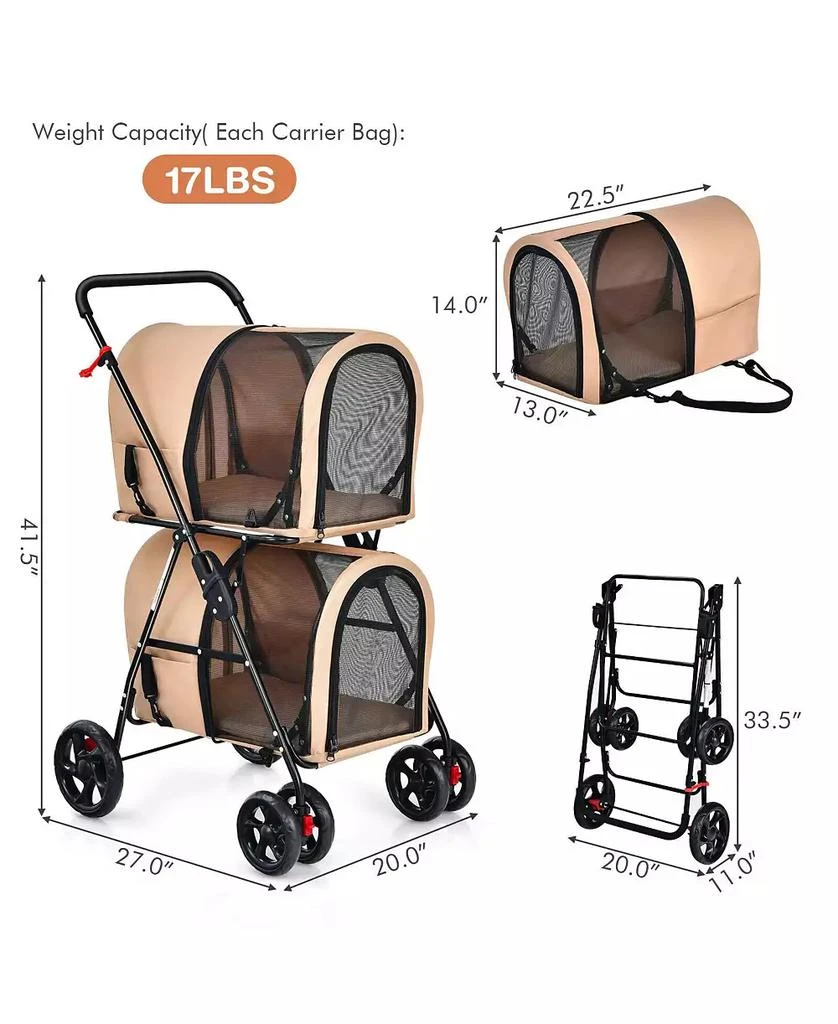 Ecooso 4-in-1 Double Pet Stroller with Detachable Carrier and Travel Carriage 3