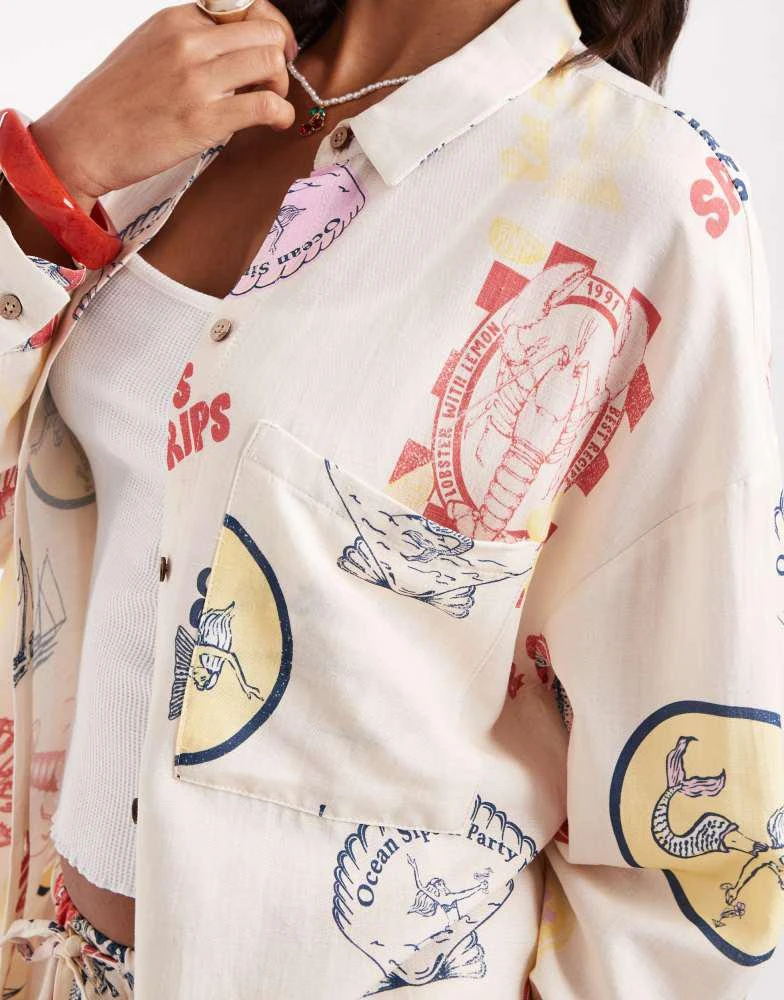 Pull&Bear Pull&Bear printed summer shirt co-ord in ecru 3