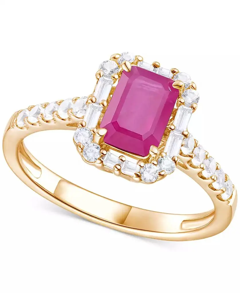 Macy's Sapphire (1-1/10 ct. t.w.) & Diamond (3/8 ct. t.w.) Round & Baguette Halo Ring in 14k Gold (Also in Ruby & Emerald)