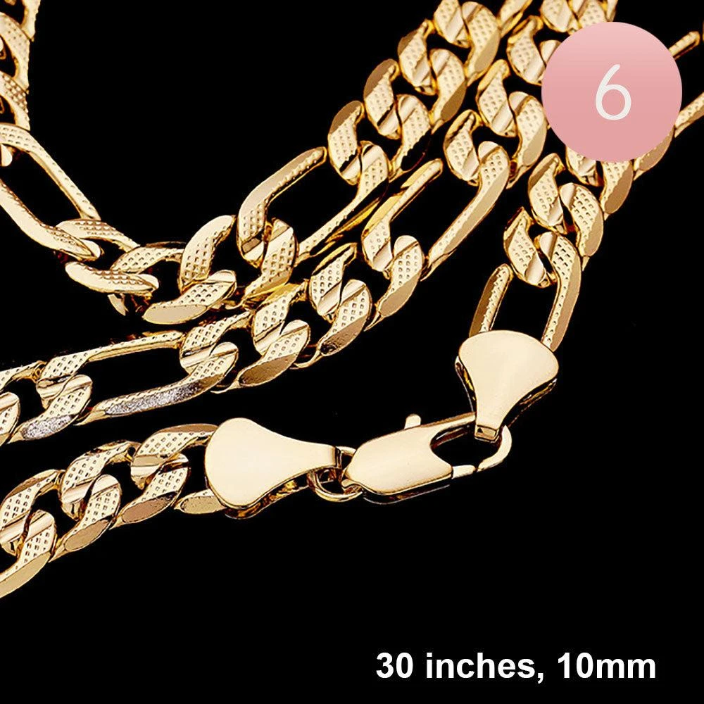 FASHNZFAB 6PCS - Gold Plated Concave Textured Figaro Chain Necklaces