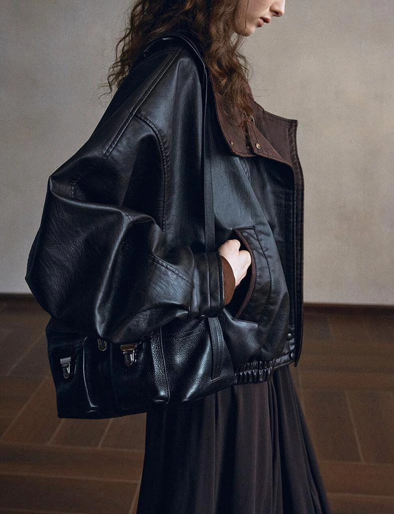 Pixie Market Black Leather Brown Funnel Neck Bomber Jacket-PREORDER 2