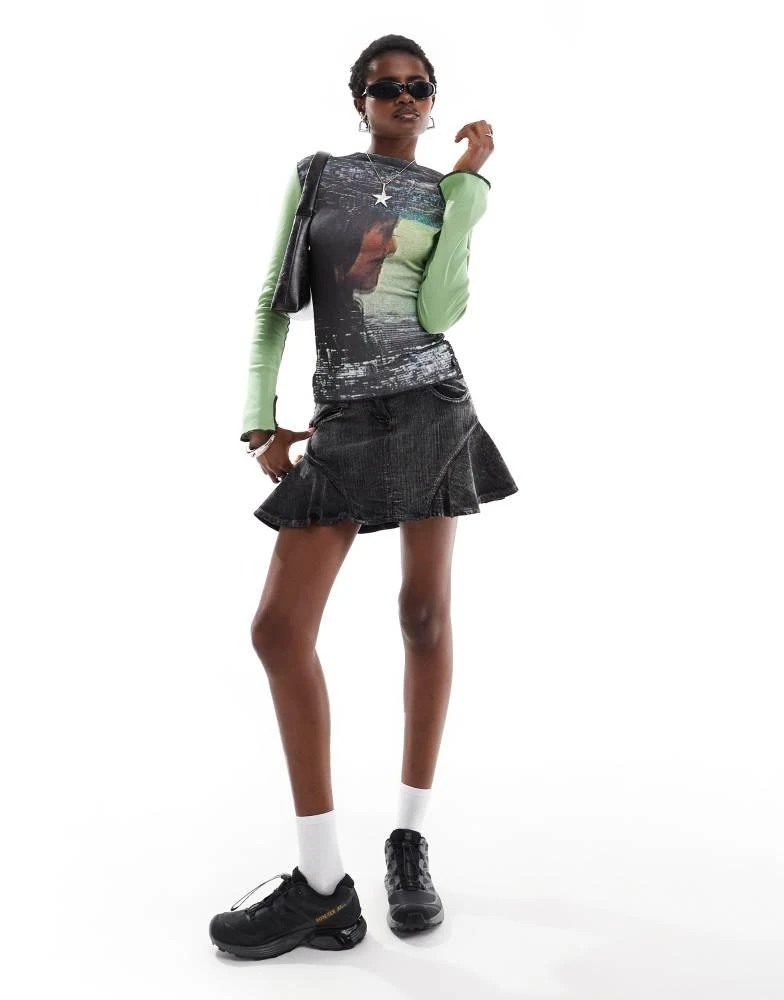 Basic Pleasure Mode Basic Pleasure Mode analogue printed long sleeve mesh top in multi 1