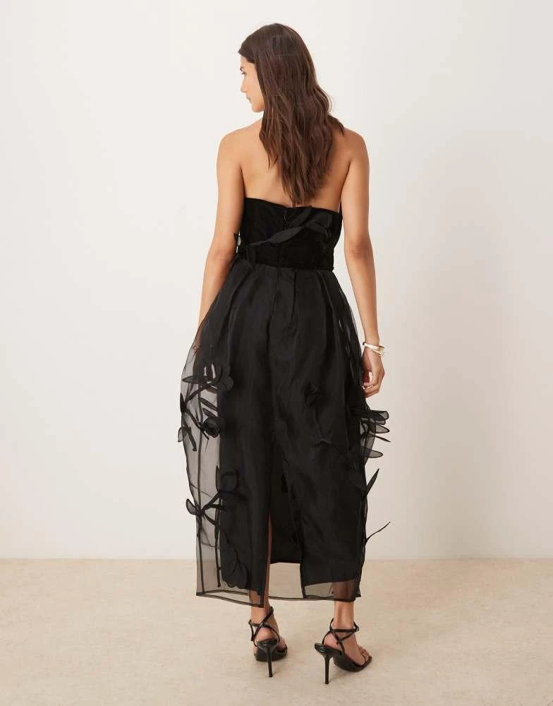 ASOS ASOS EDITION floral applique velvet bandeau with organza midi dress in black 4