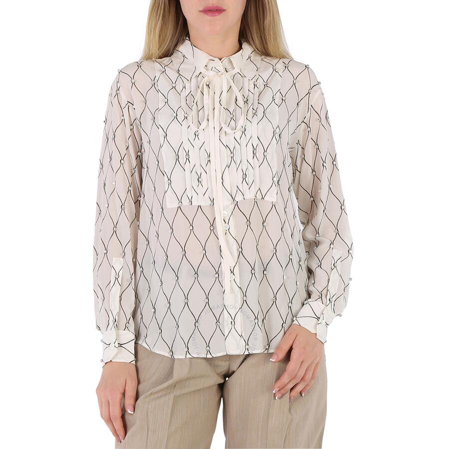 Burberry Net Print Crystal Detail Tie-neck Silk Shirt