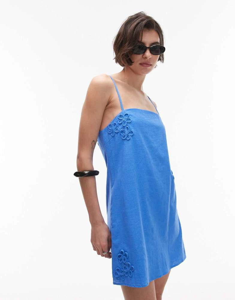 SNDYS SNDYS linen blend flower applique cami strap square neck mini dress in bright blue 1