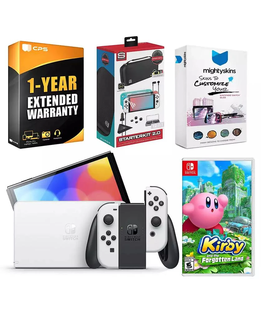 Nintendo Switch White OLED Console with Kirby and the Forgotten Land, Surge Accessory Gaming Kit, MightySkins Console and Controller Skin Voucher, and