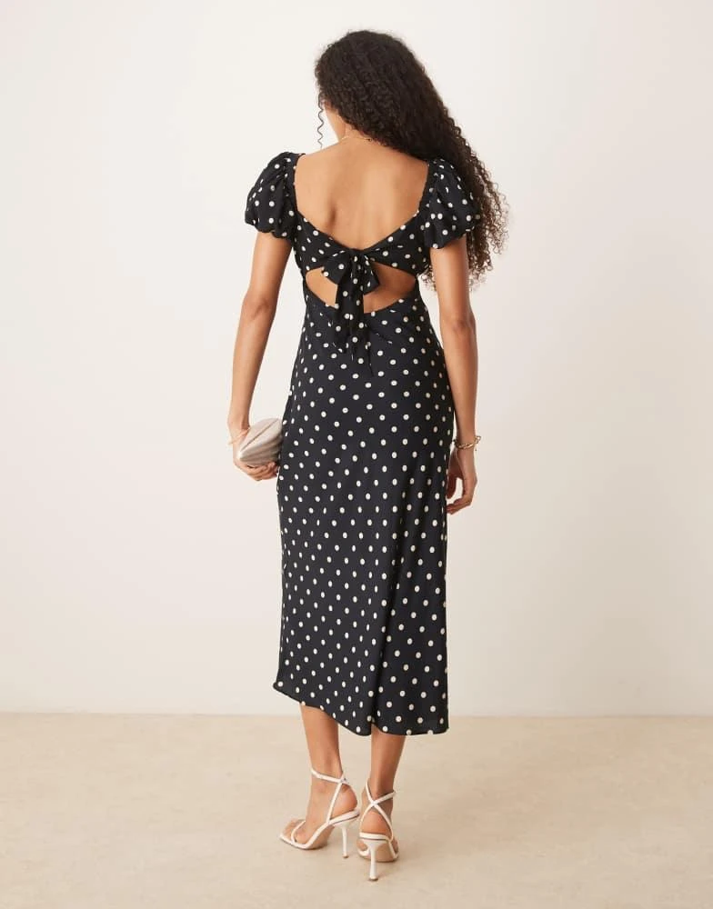 Abercrombie & Fitch Abercrombie & Fitch puff sleeve tie back slip maxi dress in black polka dot 4