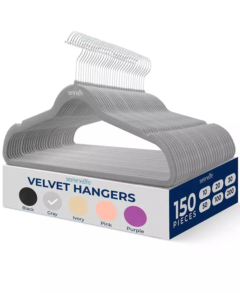 SereneLife 150 Pieces Velvet Hangers - Non-Slip, Sturdy, and Heavy Duty Coat Set with 360° Swivel Hook for Clothes (Gray