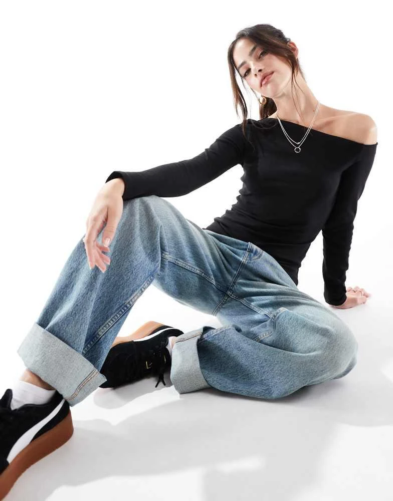 Stradivarius Stradivarius asymmetric long sleeve top in black 4