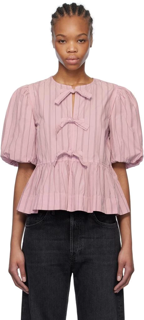 Ganni Pink Cotton Poplin Peplum Tie Blouse 1