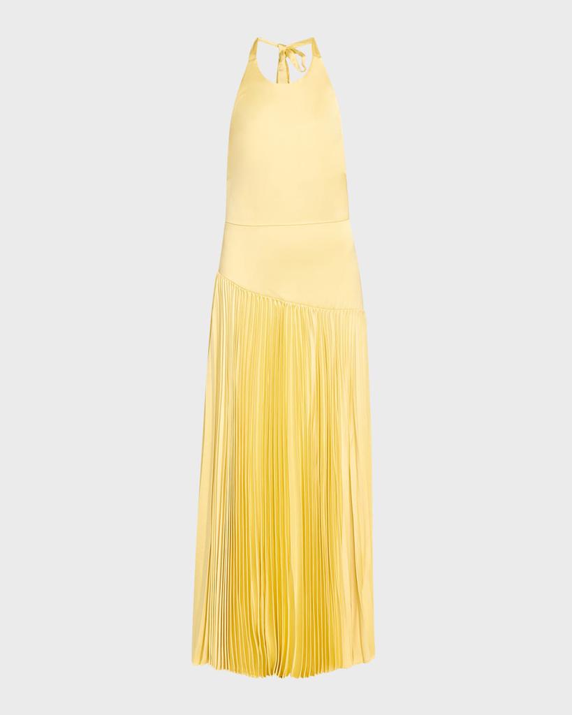Alexis Saab Pleated Satin Backless Halter Dress