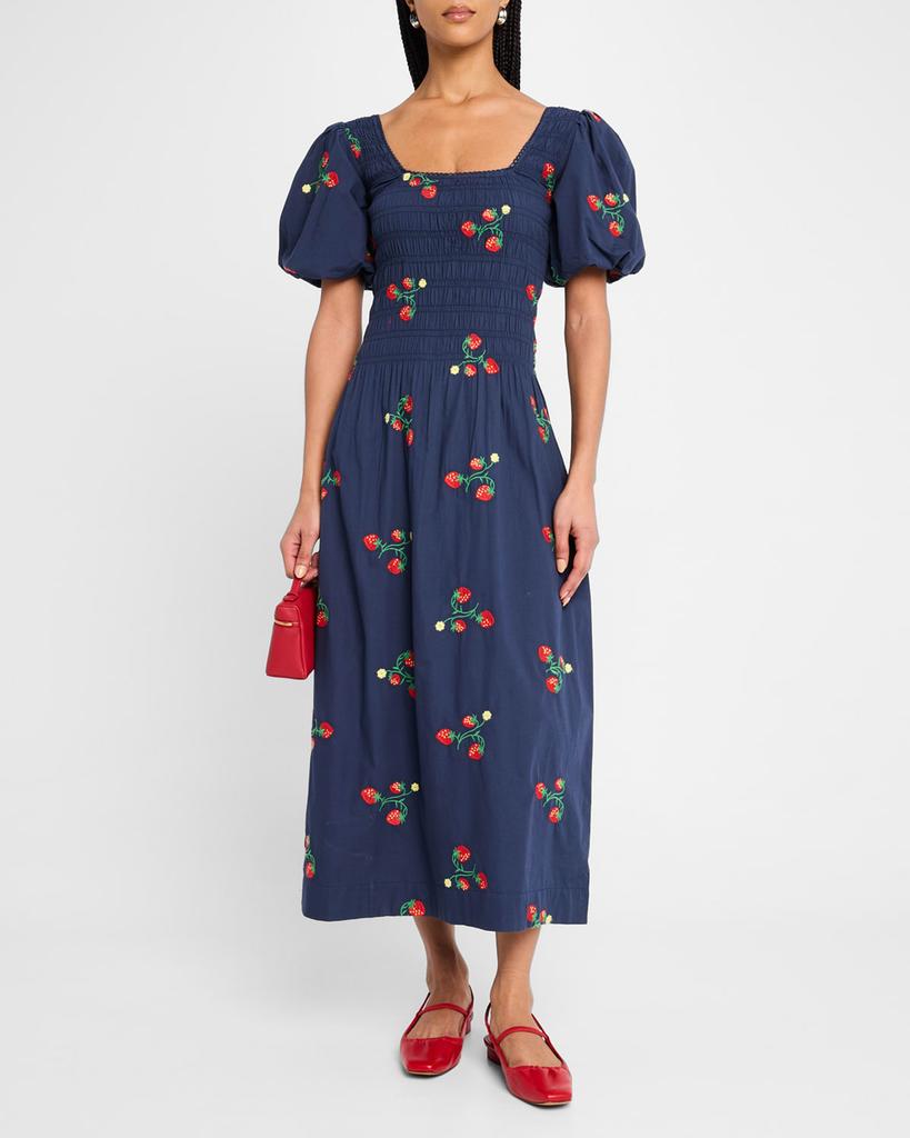 Damson Madder Lauren Strawberry Puff-Sleeve Midi Dress