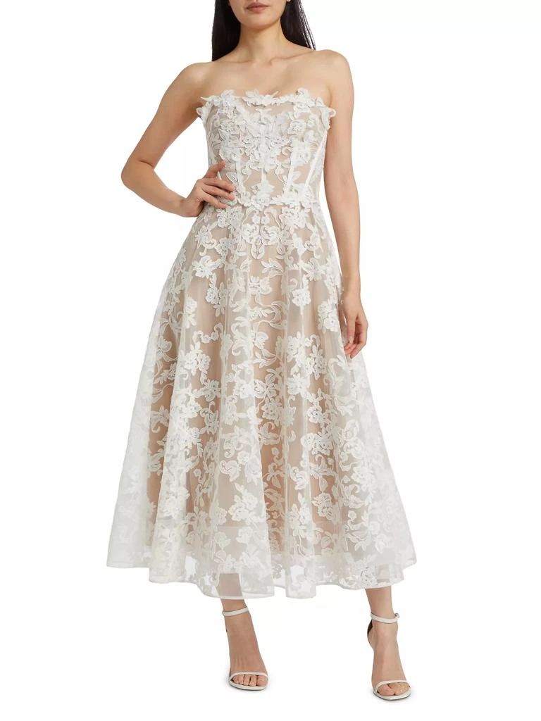 MARCHESA Appliqué Lace Strapless A-Line Midi-Dress 3